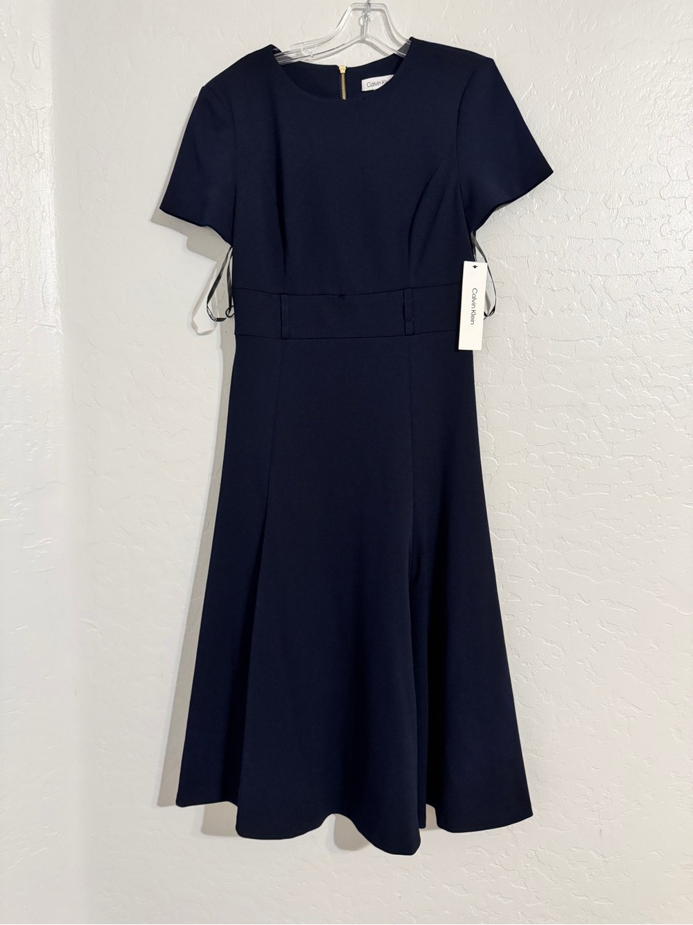 👗NWT Calvin Klein Navy Solid A-Line Midi Dress Round Neck Short Sleeve size6